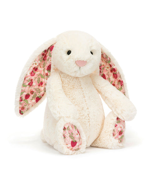 cream plush bunny with floral/berry details on ears and paws