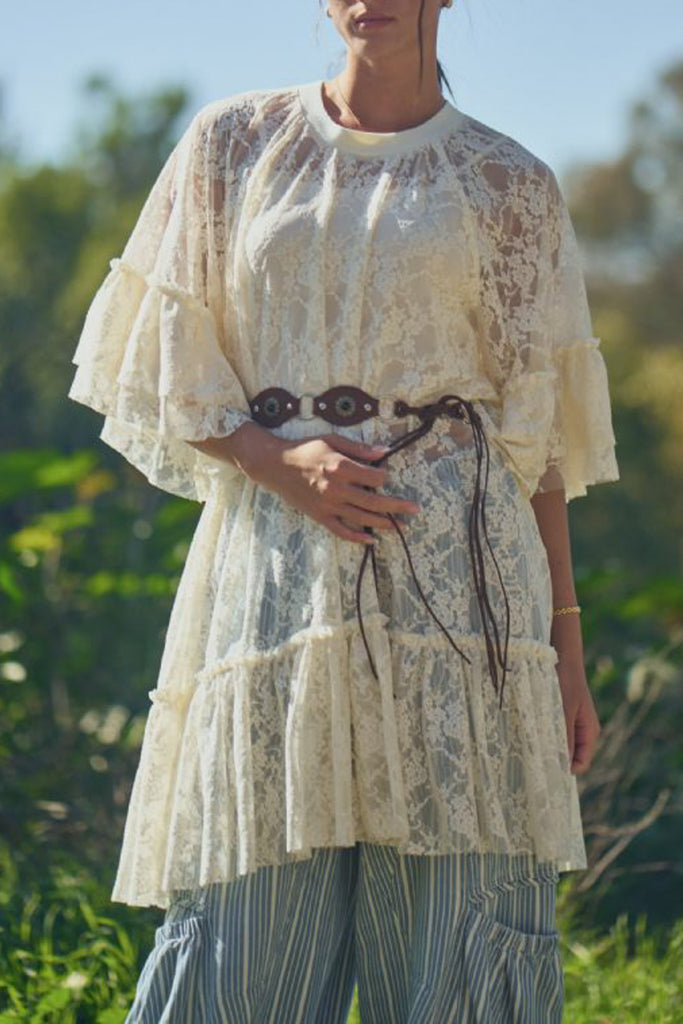 flowy lace overlay mini dress in cream