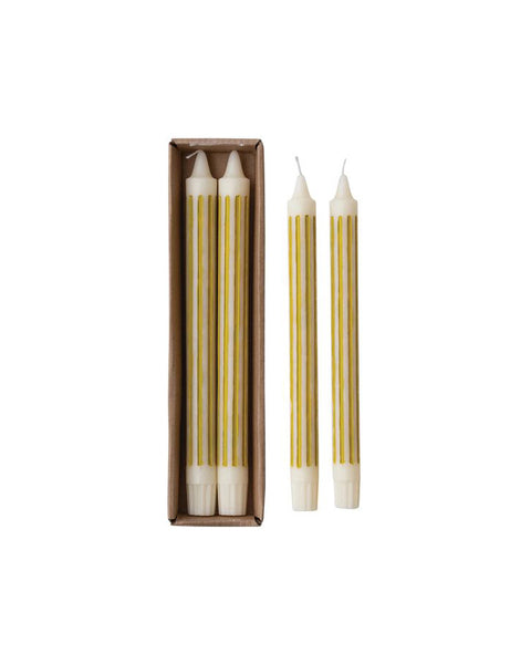 set of striped taper candles in chartreuse and white