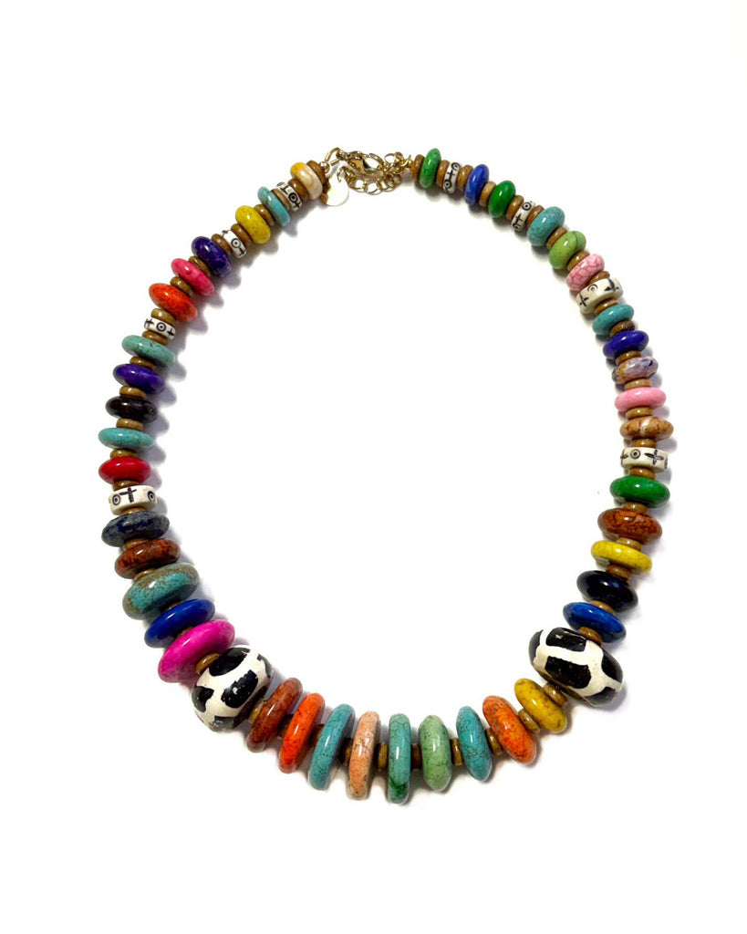chunky beaded necklace featuring a rainbow of colorful stone beads and painted black and white beads