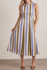 sleeveless dress made from a lightweight denim in olive green, periwinkle blue, and white vertical stripes.
