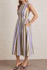 sleeveless dress made from a lightweight denim in olive green, periwinkle blue, and white vertical stripes.