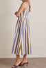 sleeveless dress made from a lightweight denim in olive green, periwinkle blue, and white vertical stripes.
