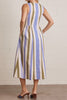 sleeveless dress made from a lightweight denim in olive green, periwinkle blue, and white vertical stripes.