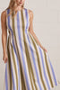 sleeveless dress made from a lightweight denim in olive green, periwinkle blue, and white vertical stripes.
