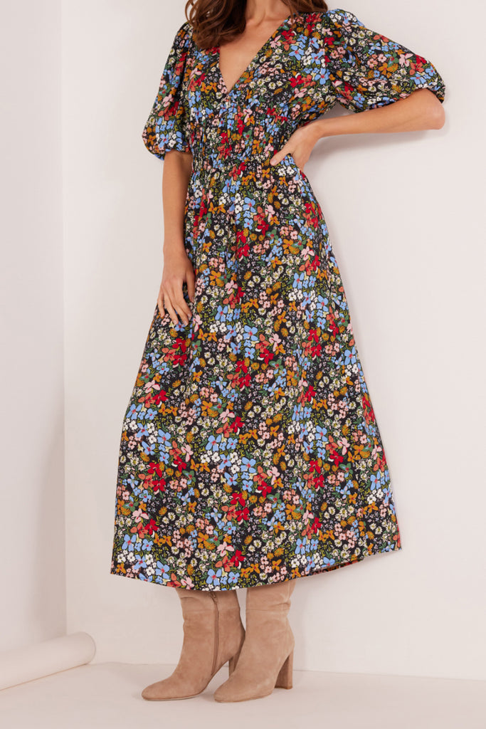 josie midi dress MINKPINK Josie Puff Sleeve Midi Dress In Fall Ditsy Floral