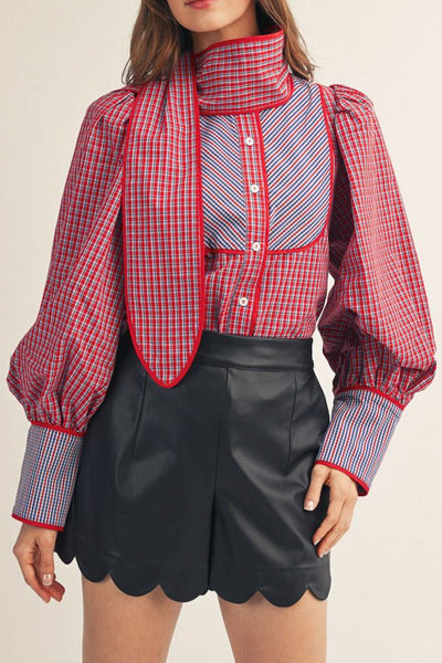 button down top in red and blue plaid with a removable statement collar