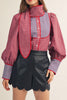 button down top in red and blue plaid with a removable statement collar