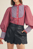button down top in red and blue plaid with a removable statement collar