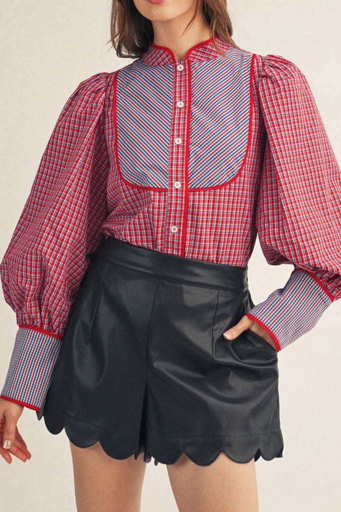 button down top in red and blue plaid with a removable statement collar