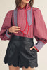 button down top in red and blue plaid with a removable statement collar