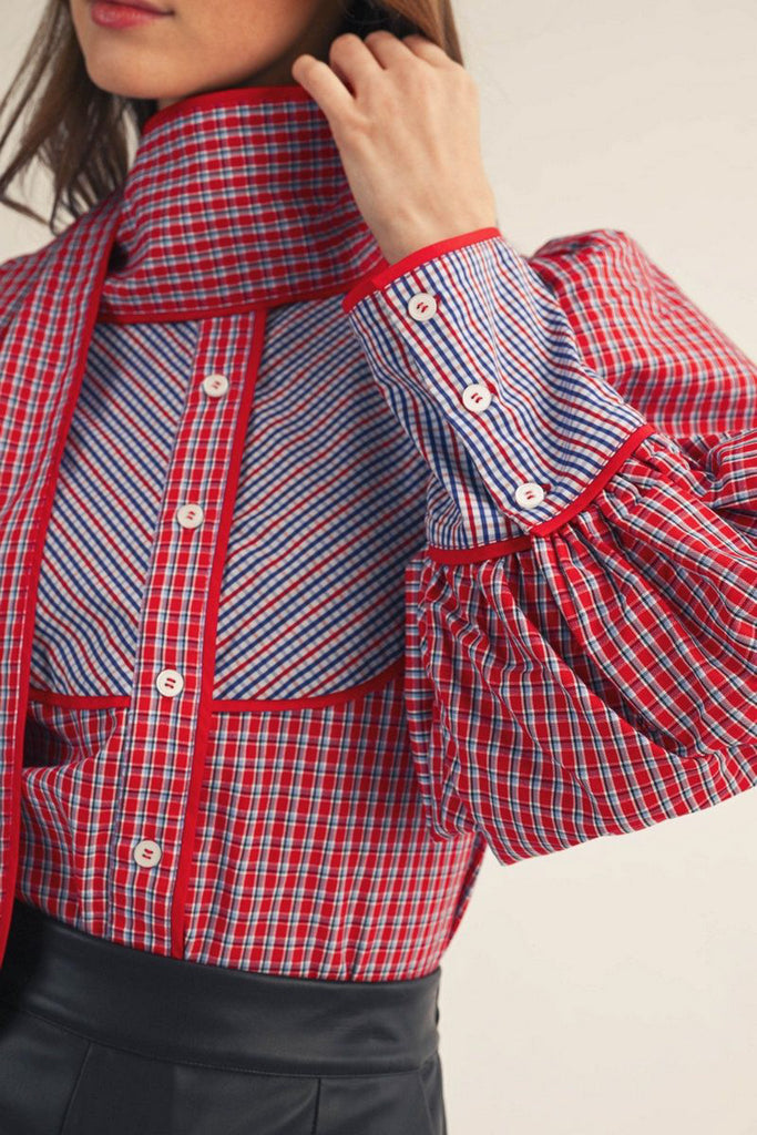 button down top in red and blue plaid with a removable statement collar