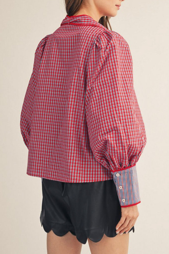 button down top in red and blue plaid with a removable statement collar