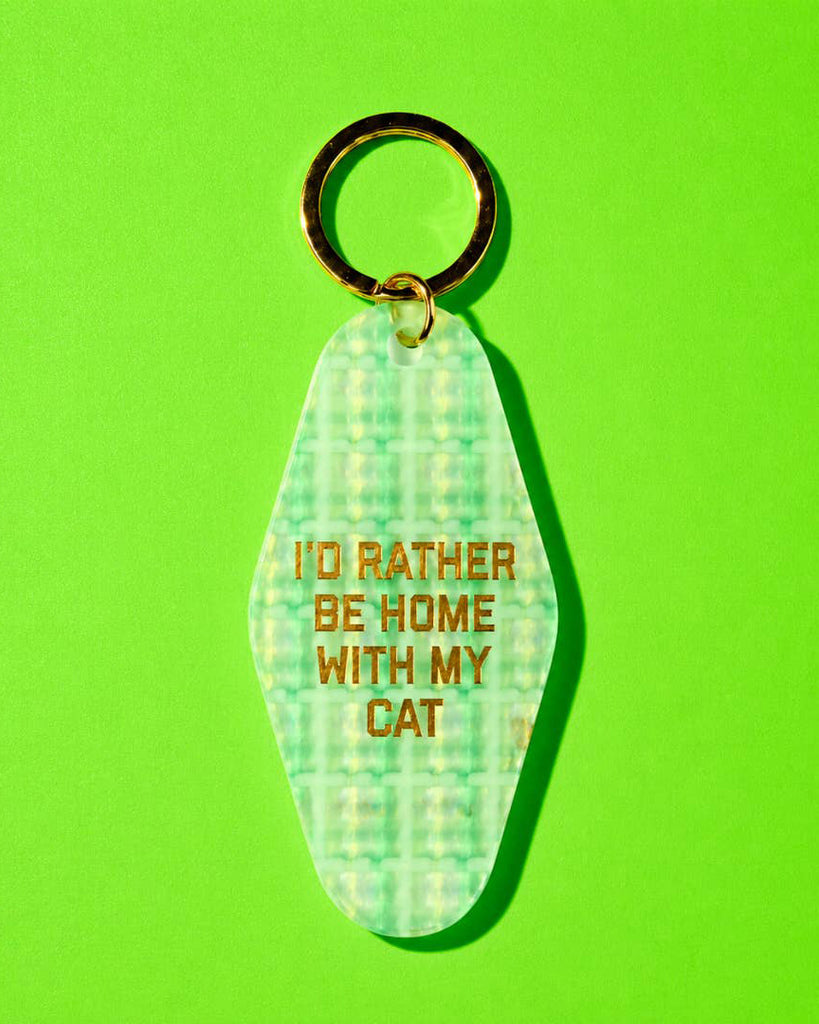 acrylic vintage inspired keychain with the message "i'd rather be home with my cat" 