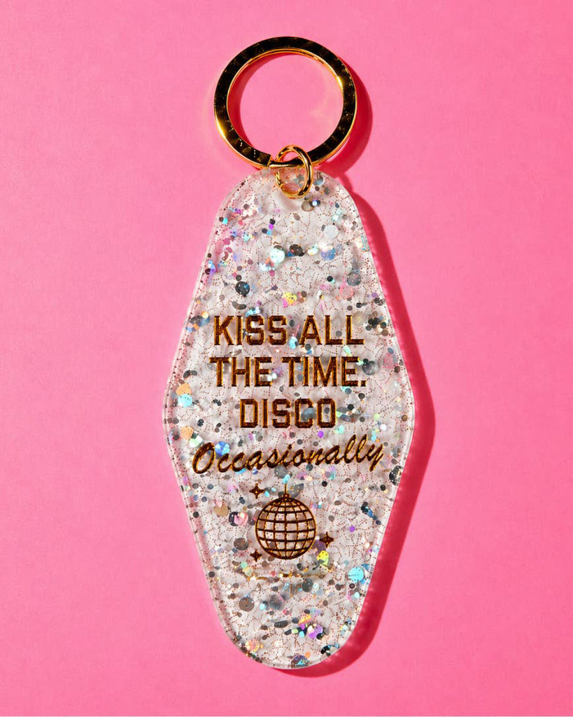 acrylic vintage inspired keychain with the message "kiss all the time. disco occasionally."