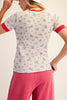 fitted ribbed baby tee with a sweet ditsy floral pattern and red ringer details 