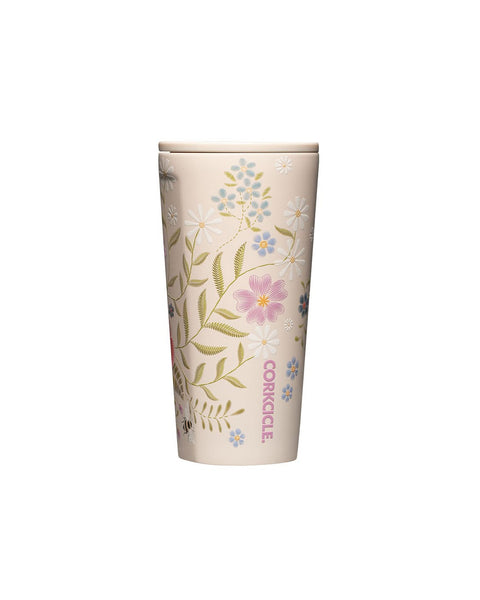 insulated cream colored tumbler with an embroidery-inspired floral design