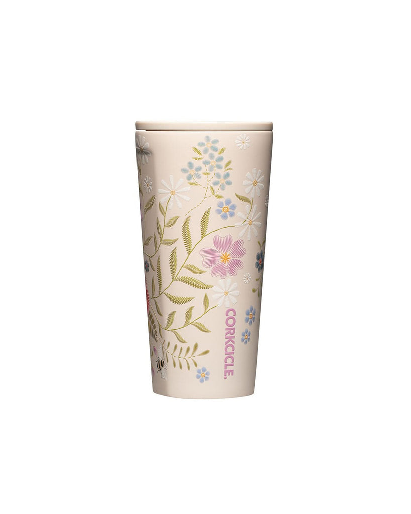 insulated cream colored tumbler with an embroidery-inspired floral design