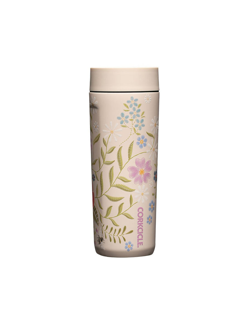 commuter cup from corkcicle in cream with an embroidery-inspired floral pattern