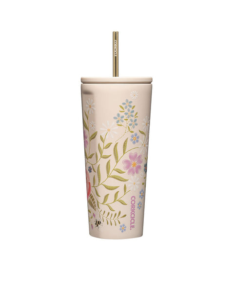 cold cup from corkcicle in cream with an embroidery-inspired floral pattern