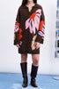 elevated sweater dress in heathered chocolate brown with an oversized floral graphic