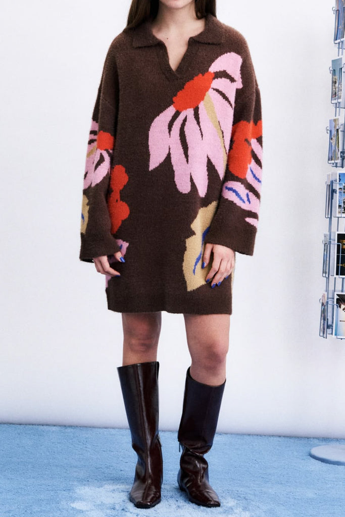 elevated sweater dress in heathered chocolate brown with an oversized floral graphic
