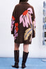 elevated sweater dress in heathered chocolate brown with an oversized floral graphic
