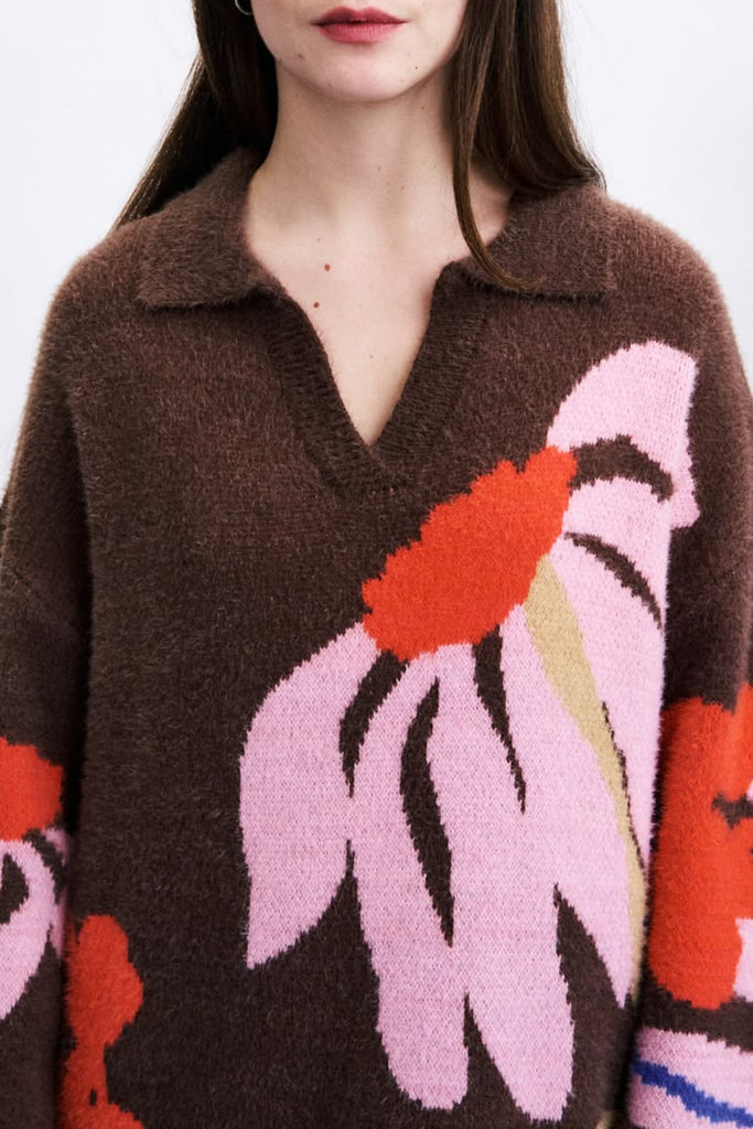 elevated sweater dress in heathered chocolate brown with an oversized floral graphic