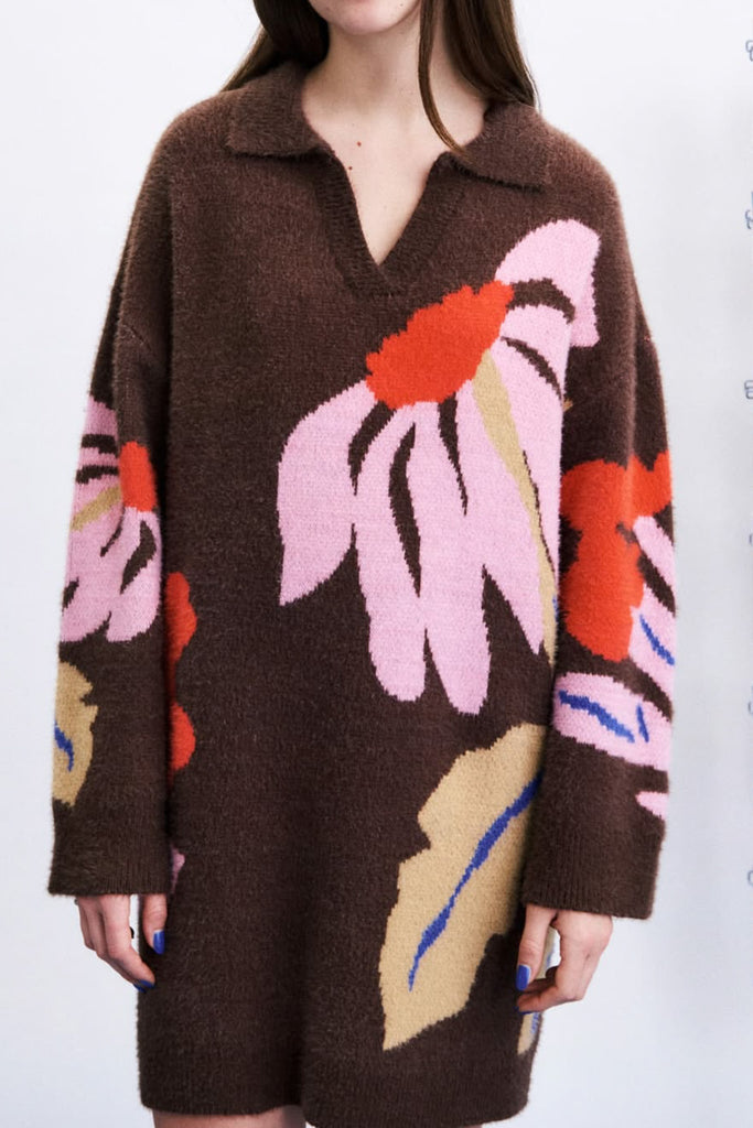 elevated sweater dress in heathered chocolate brown with an oversized floral graphic
