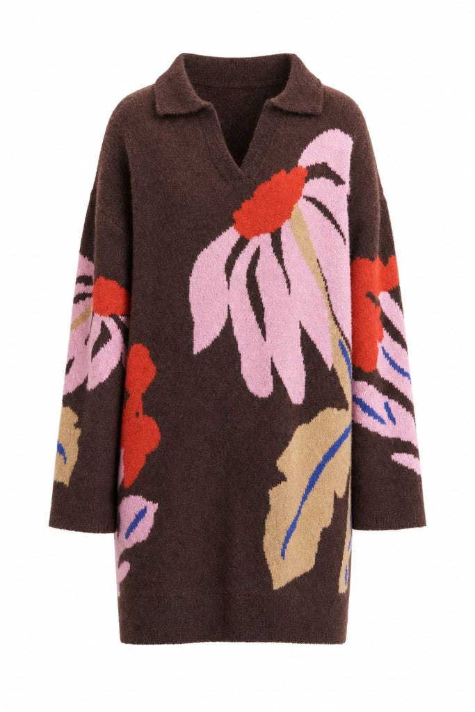 elevated sweater dress in heathered chocolate brown with an oversized floral graphic
