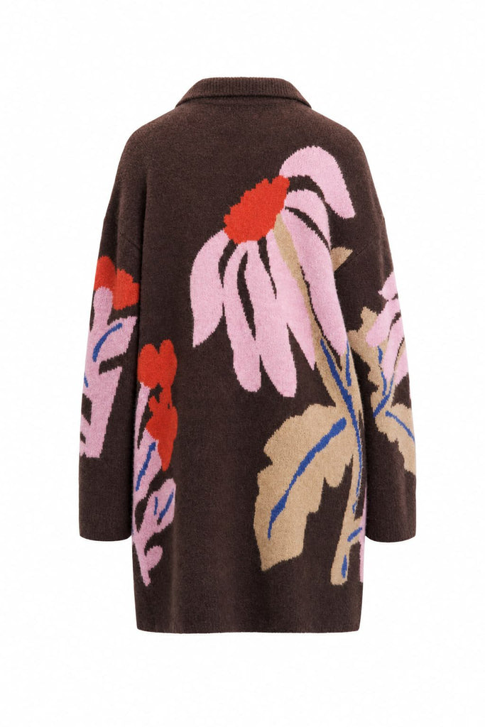 elevated sweater dress in heathered chocolate brown with an oversized floral graphic