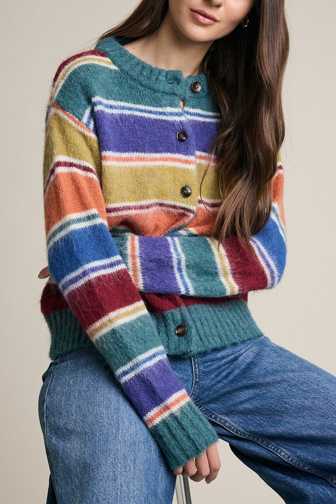 soft and comfortable knit cardigan in colorful rainbow stripes