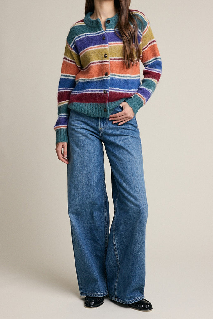 soft and comfortable knit cardigan in colorful rainbow stripes