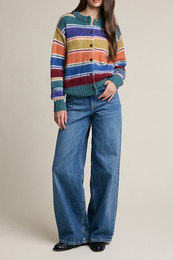 soft and comfortable knit cardigan in colorful rainbow stripes