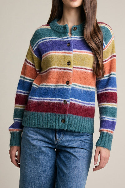 soft and comfortable knit cardigan in colorful rainbow stripes
