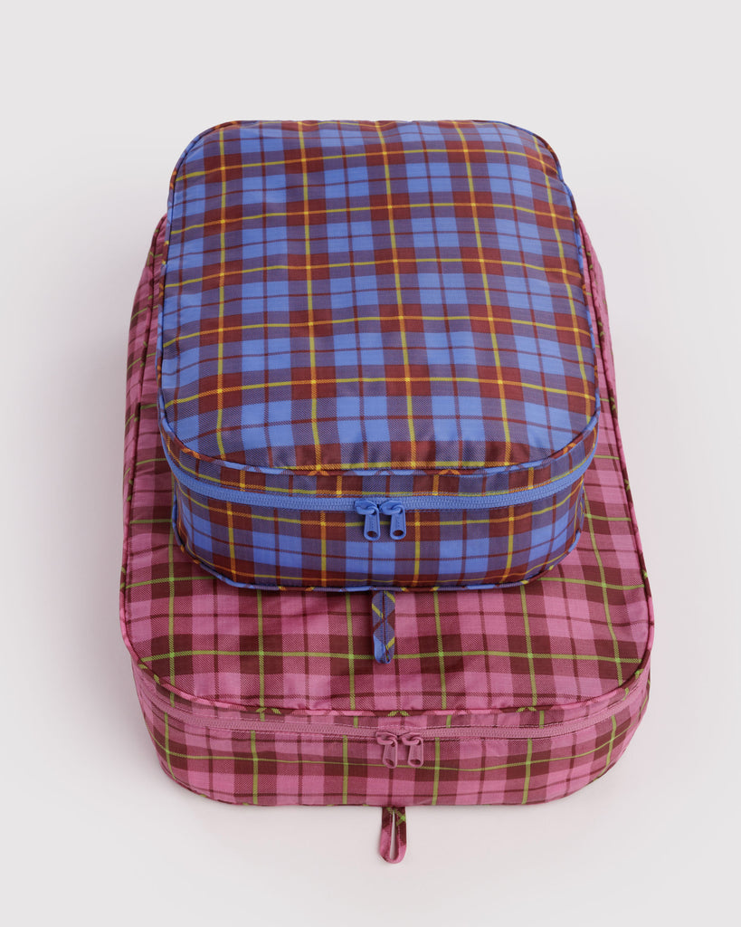 large nylon packing cube set in colorful plaid prints