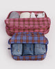 large nylon packing cube set in colorful plaid prints