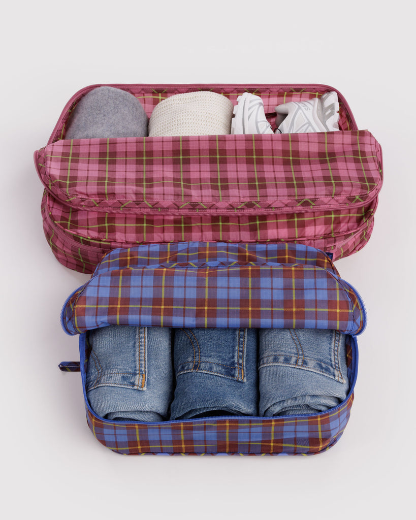 large nylon packing cube set in colorful plaid prints