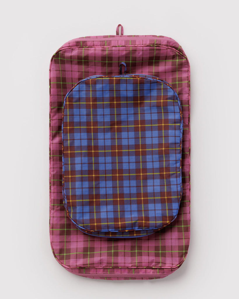 large nylon packing cube set in colorful plaid prints