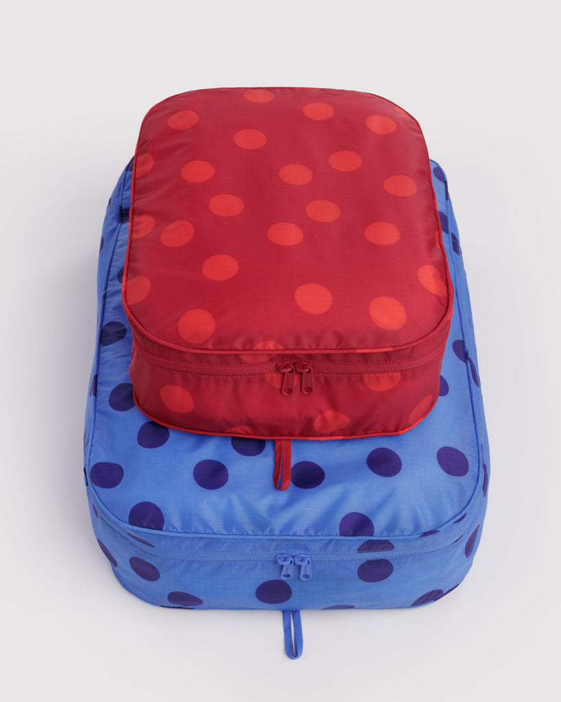 large nylon packing cube set in colorful polka dot prints