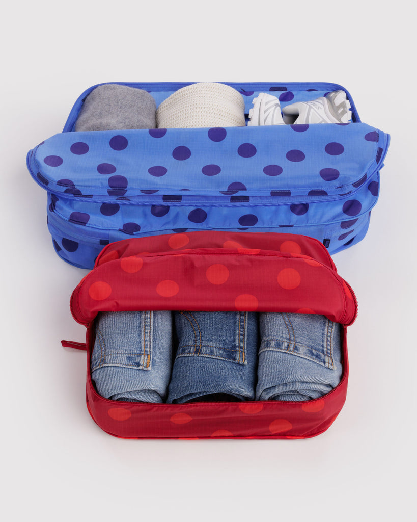 large nylon packing cube set in colorful polka dot prints