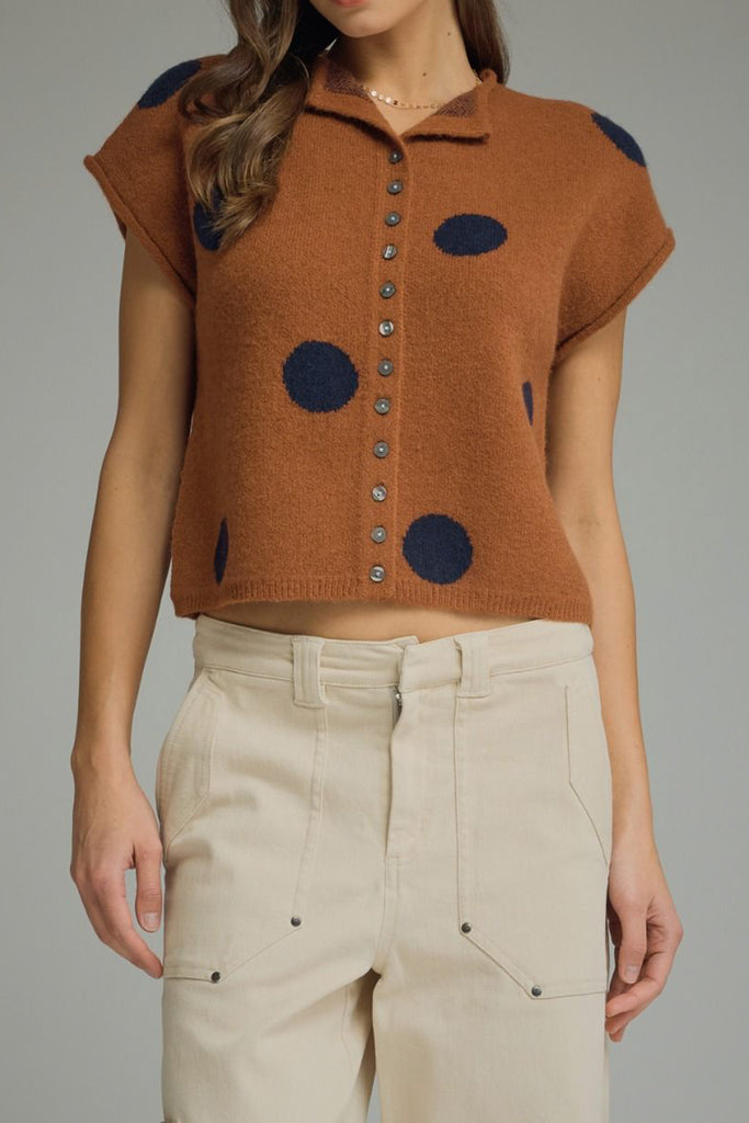 knit sweater top in camel with a button front and navy blue polka dots