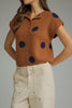 knit sweater top in camel with a button front and navy blue polka dots