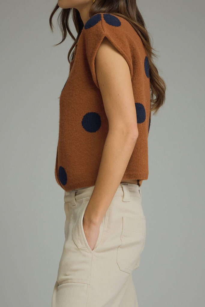 knit sweater top in camel with a button front and navy blue polka dots
