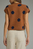 knit sweater top in camel with a button front and navy blue polka dots