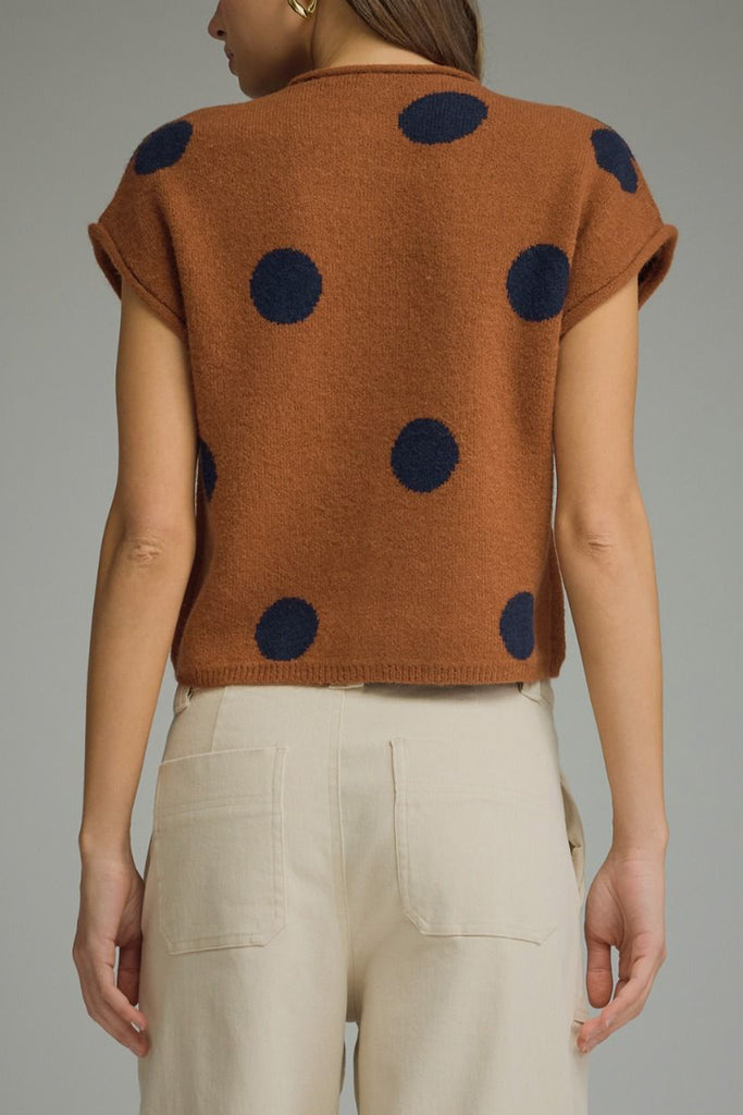 knit sweater top in camel with a button front and navy blue polka dots