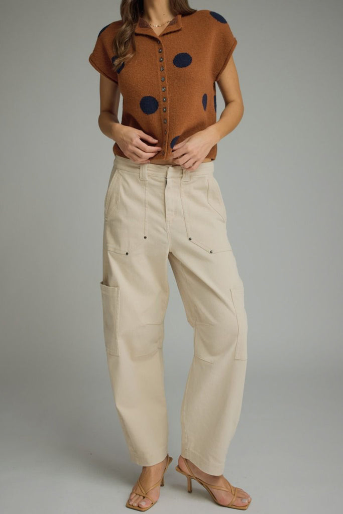 knit sweater top in camel with a button front and navy blue polka dots