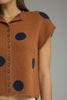 knit sweater top in camel with a button front and navy blue polka dots