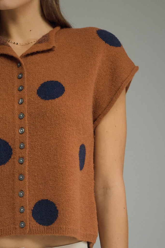 knit sweater top in camel with a button front and navy blue polka dots
