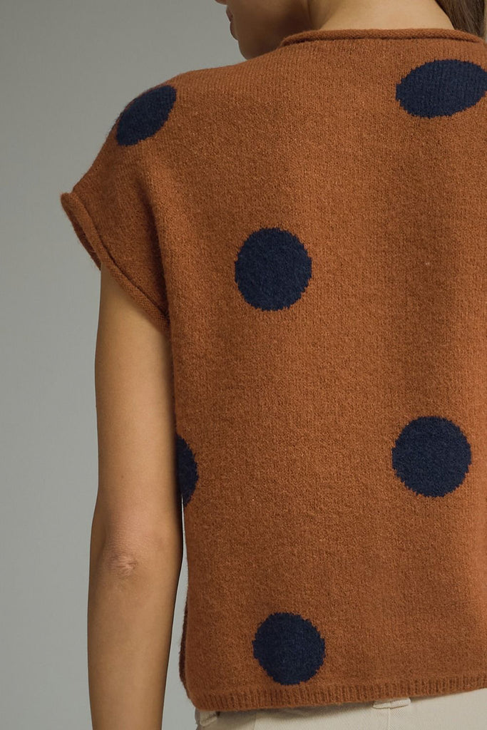 knit sweater top in camel with a button front and navy blue polka dots